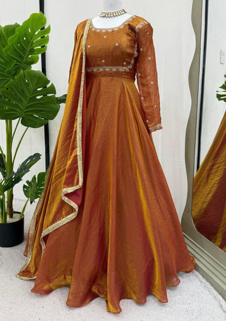 Orange Solid Blended Kurta Set - Indya