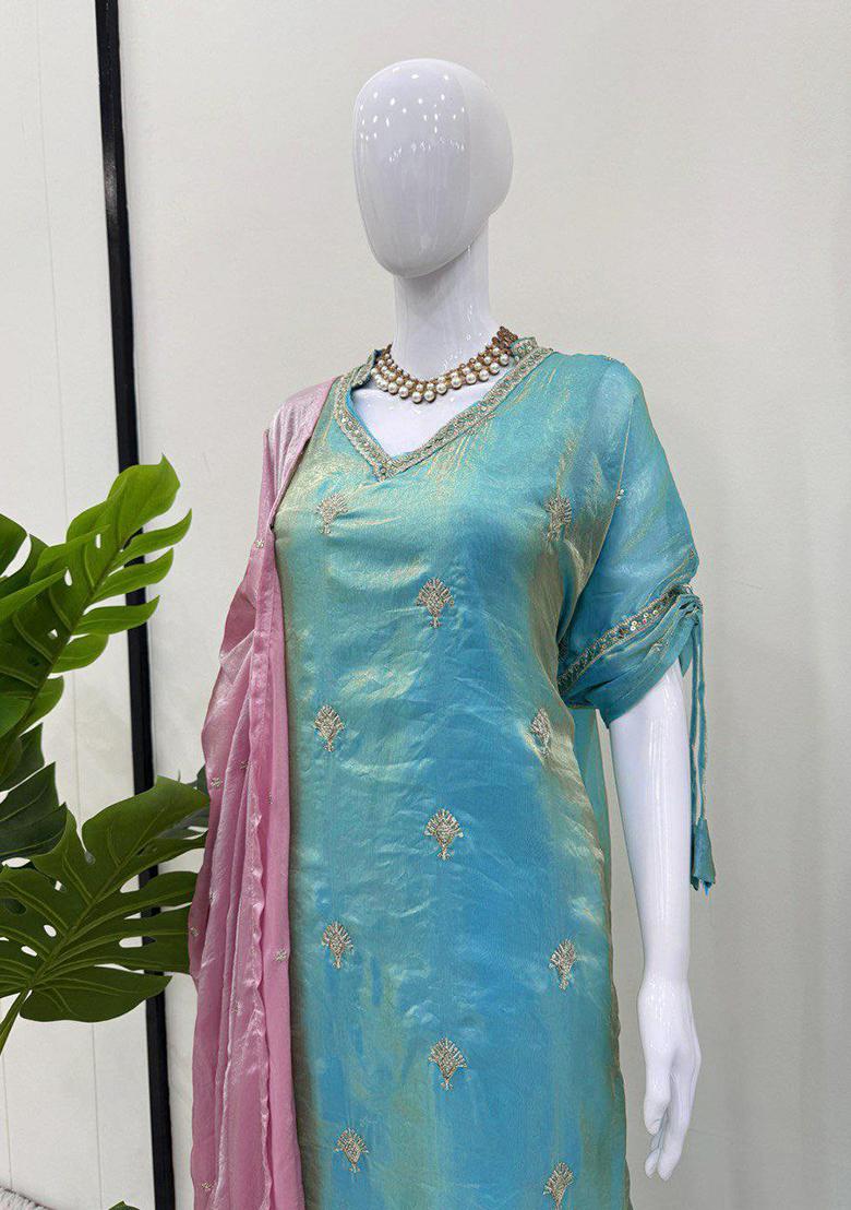 Blue Embroidery Blended Kurta Set - Indya