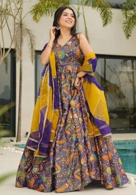 Blue Printed Blended Kurta Set