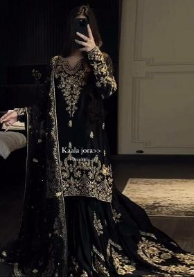 Black Embroidery Blended Kurta Set