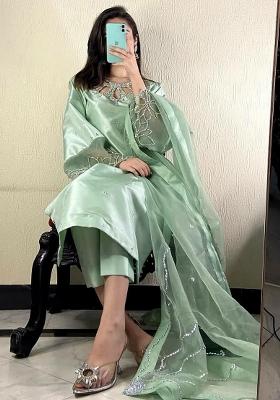 Green Embroidery Blended Kurta Set