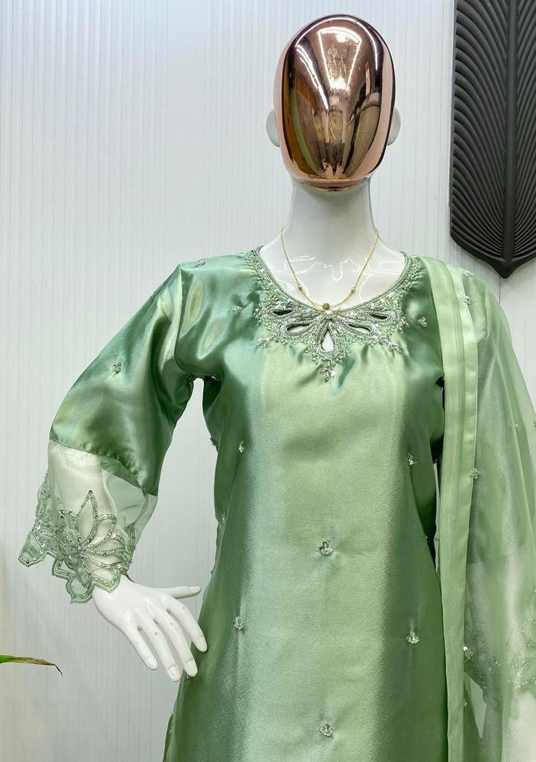 Green Embroidery Blended Kurta Set - Indya