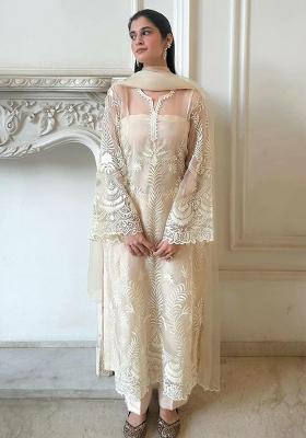 Off White Embroidery Blended Kurta Set