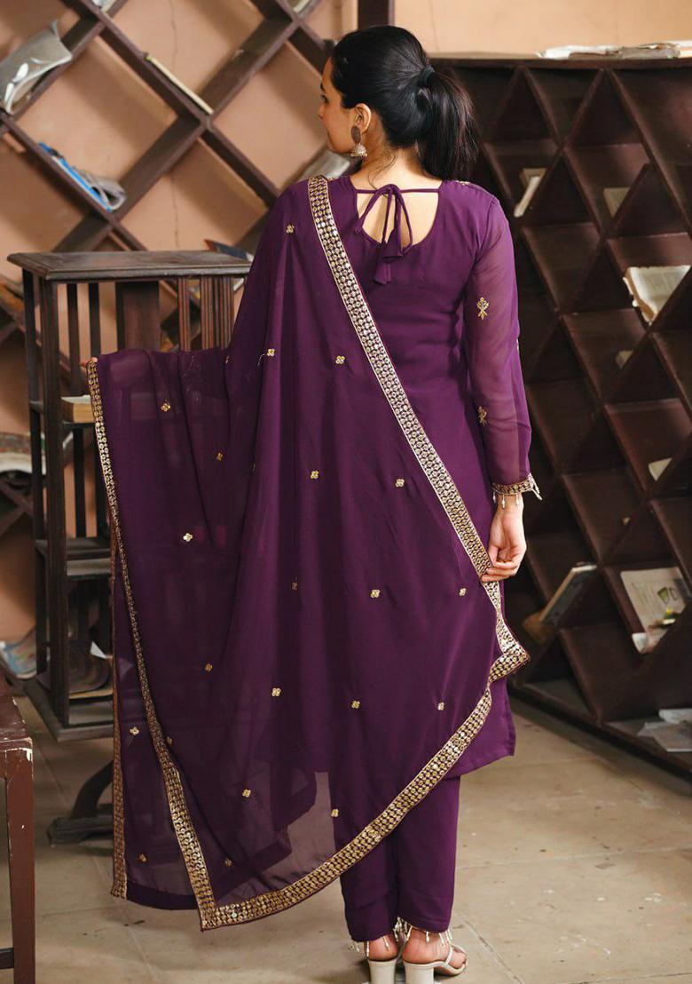 Wine Embroidery Blended Kurta Set - Indya