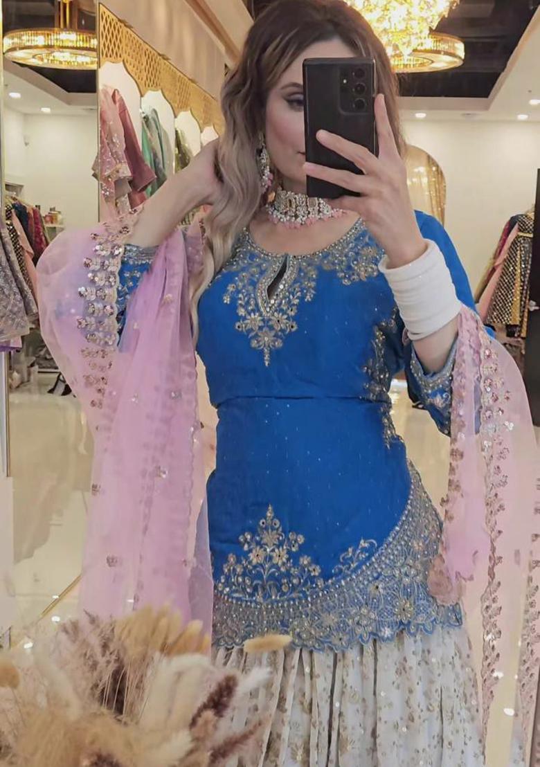 Blue Embroidery Blended Kurta Set - Indya