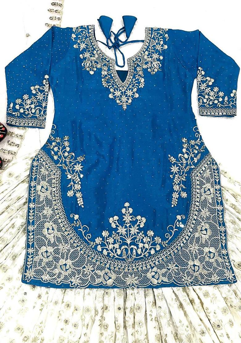 Blue Embroidery Blended Kurta Set - Indya