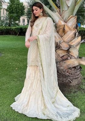 Off White Embroidery Blended Kurta Set