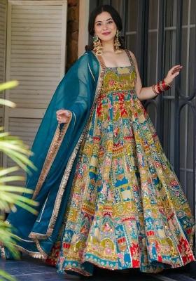 Blue Embroidery Blended Kurta Set