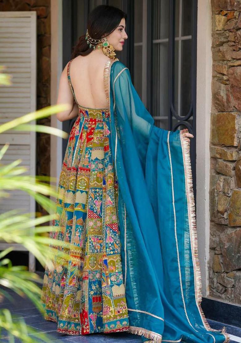 Blue Embroidery Blended Kurta Set - Indya