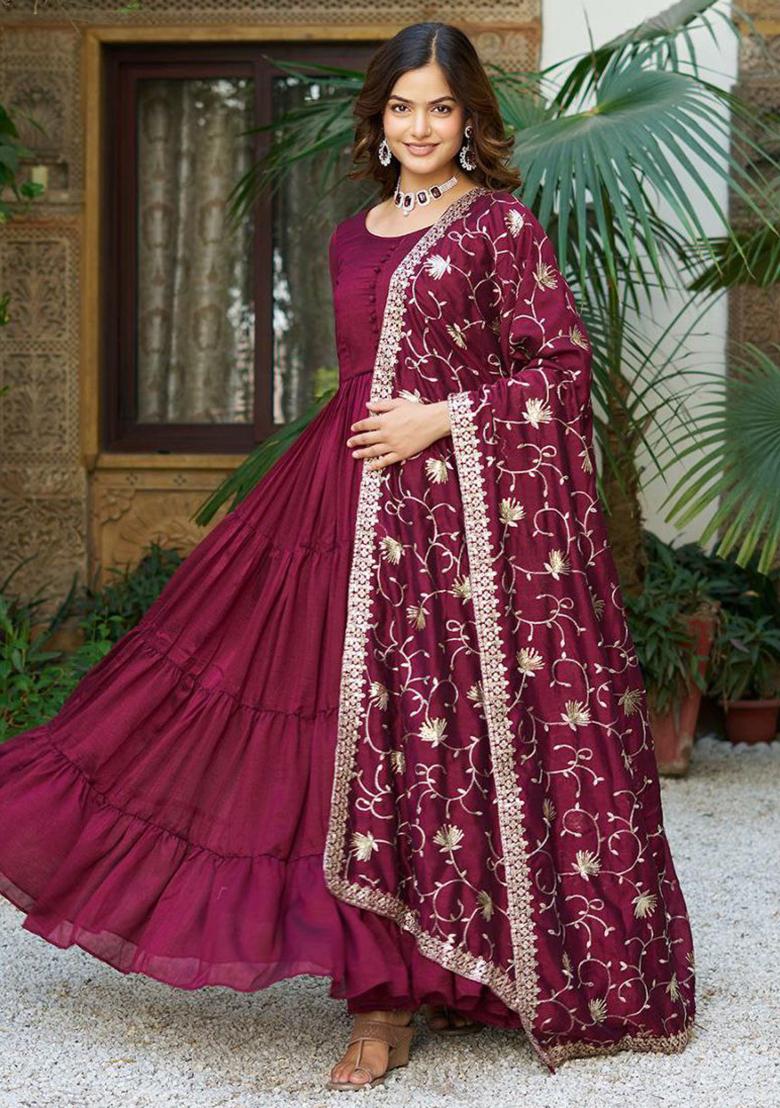 Maroon Solid Blended Kurta Set - Indya