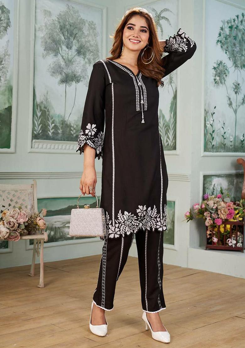 Black Embroidery Blended Kurta Set - Indya