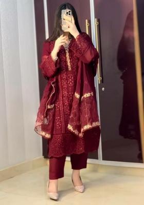 Maroon Embroidery Blended Kurta Set