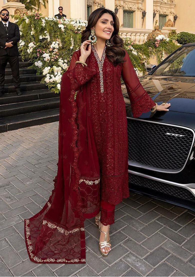 Maroon Embroidery Blended Kurta Set - Indya