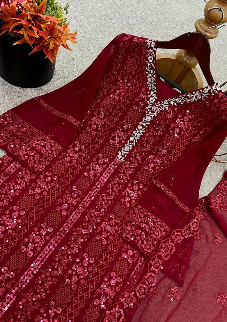 Maroon Embroidery Blended Kurta Set - Indya