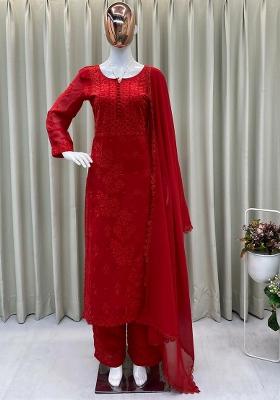Red Embroidery Blended Kurta Set