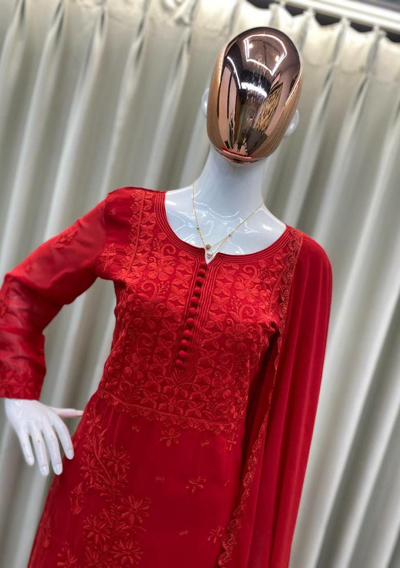 Red Embroidery Blended Kurta Set - Indya
