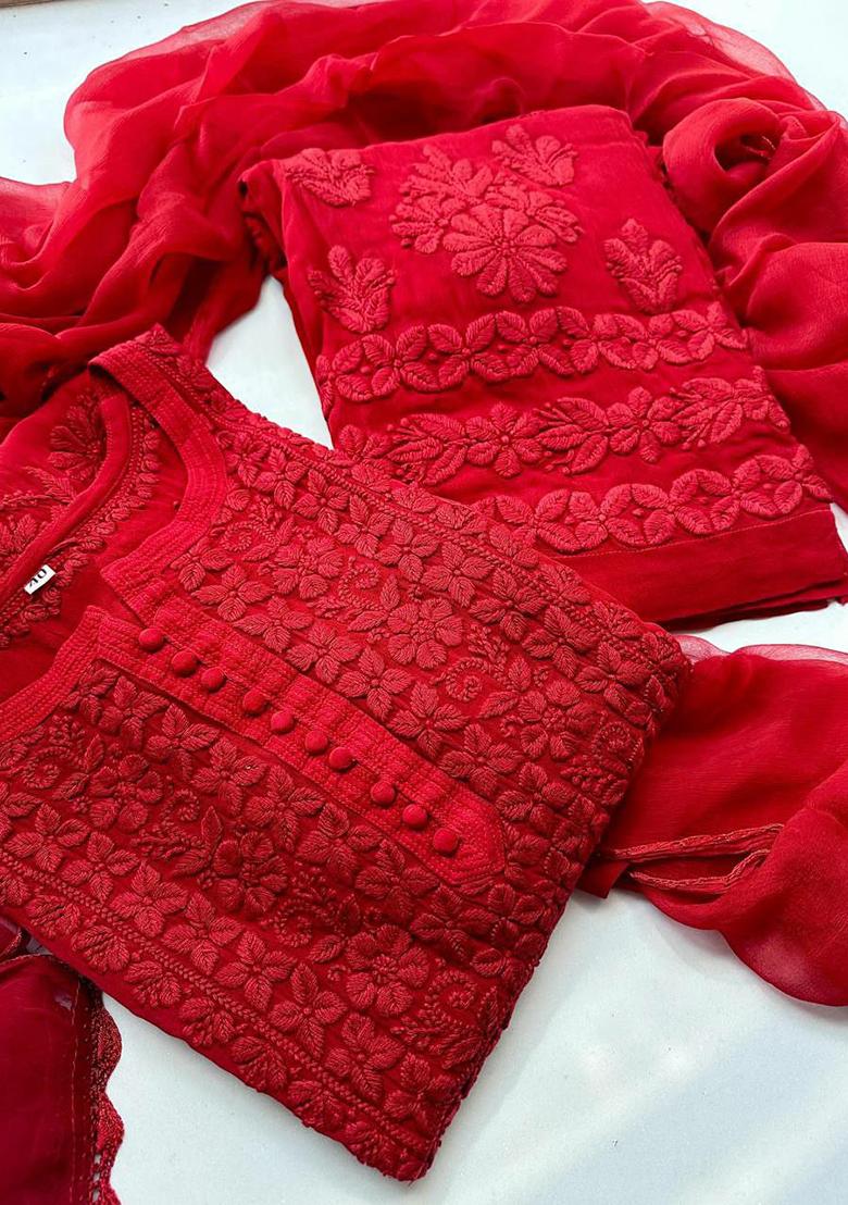 Red Embroidery Blended Kurta Set - Indya