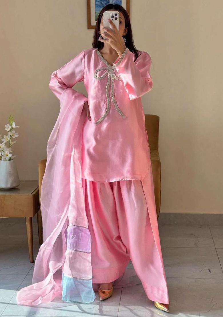 Pink Solid Blended Kurta Set - Indya