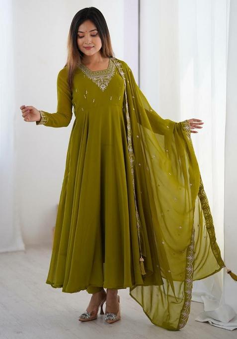 Green Embroidered Blended Anarkali Set