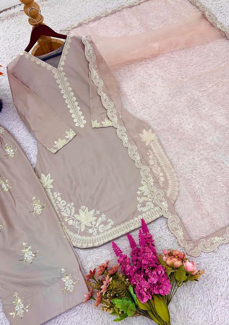 Pink Embroidery Blended Kurta Set - Indya