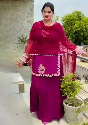 Wine Embroidery Blended Kurta Set