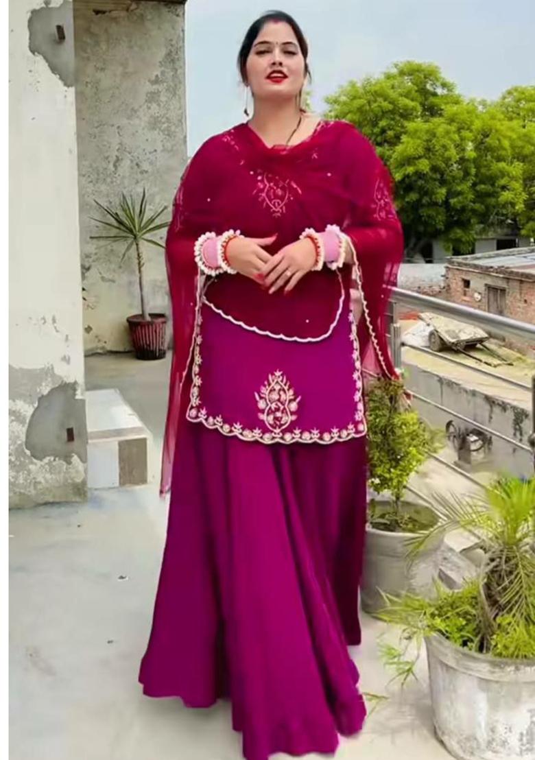 Wine Embroidery Blended Kurta Set - Indya