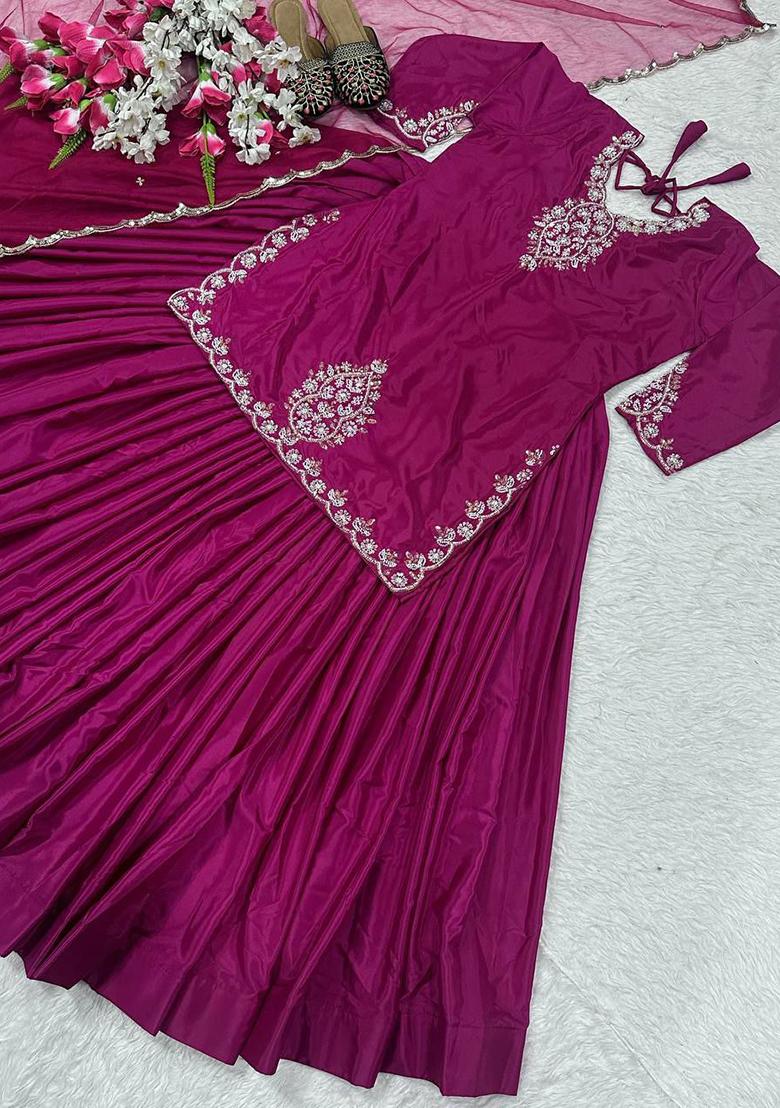 Wine Embroidery Blended Kurta Set - Indya