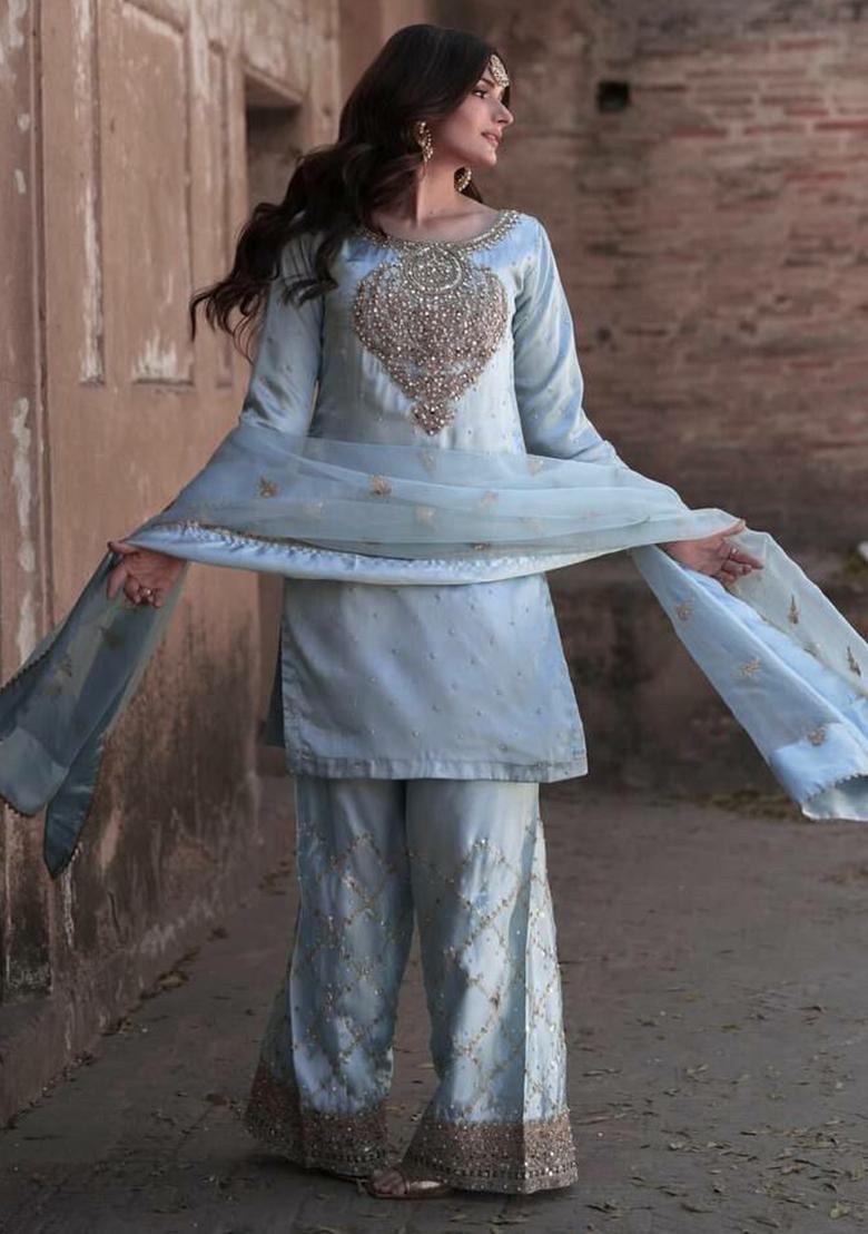 Blue Embroidery Blended Kurta Set - Indya