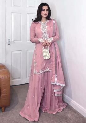 Pink Embroidery Blended Kurta Set