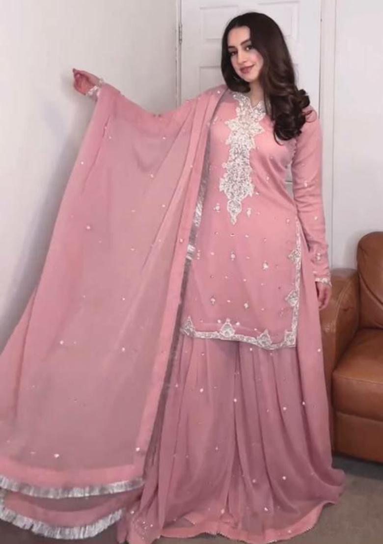 Pink Embroidery Blended Kurta Set - Indya