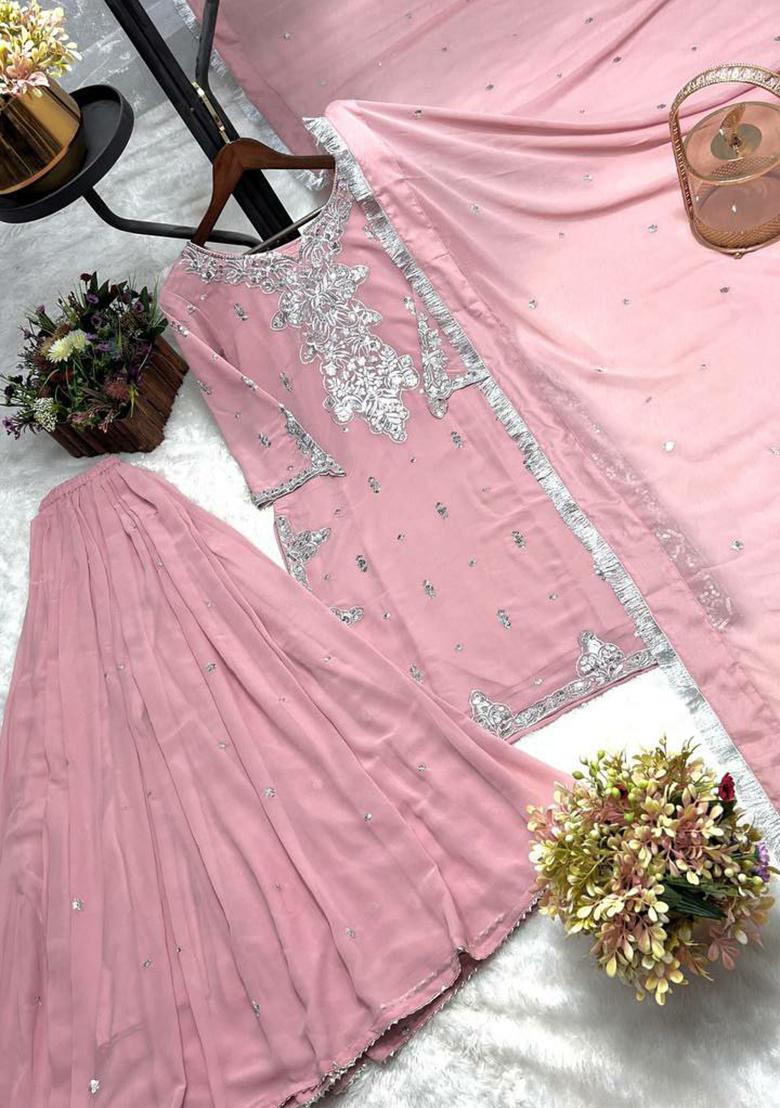 Pink Embroidery Blended Kurta Set - Indya