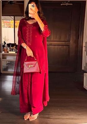 Red Embroidery Blended Kurta Set