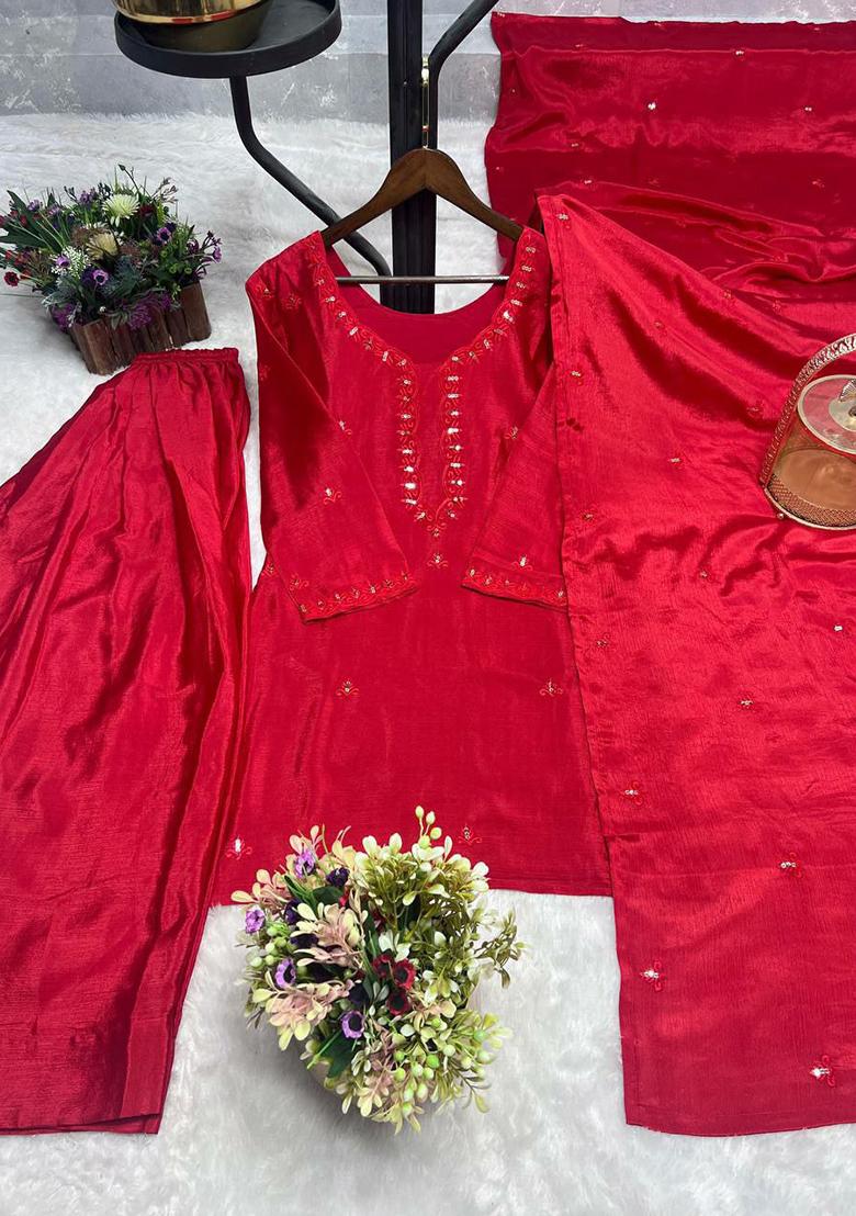 Red Embroidery Blended Kurta Set - Indya