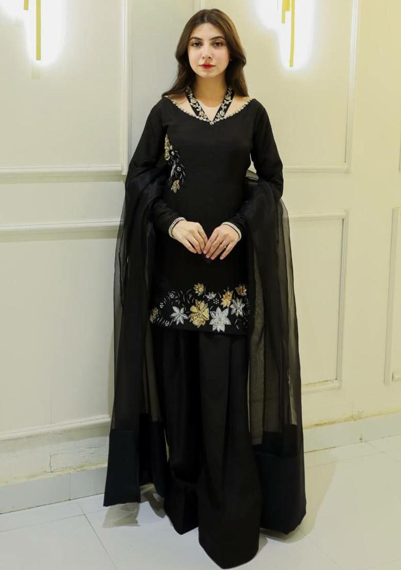 Black Embroidery Blended Kurta Set - Indya