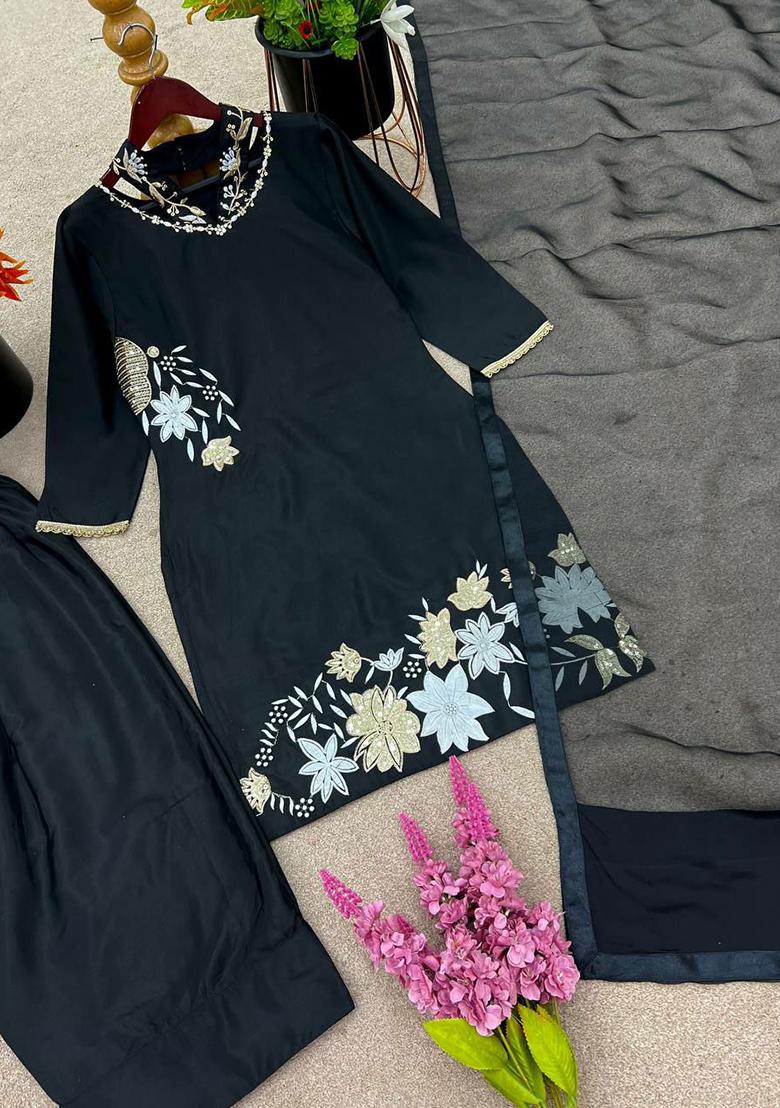 Black Embroidery Blended Kurta Set - Indya