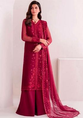 Red Embroidery Blended Kurta Set