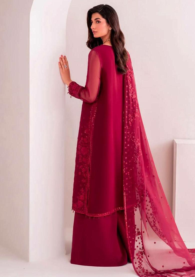 Red Embroidery Blended Kurta Set - Indya