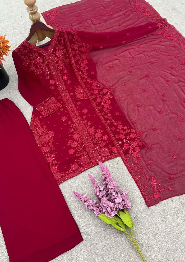 Red Embroidery Blended Kurta Set - Indya