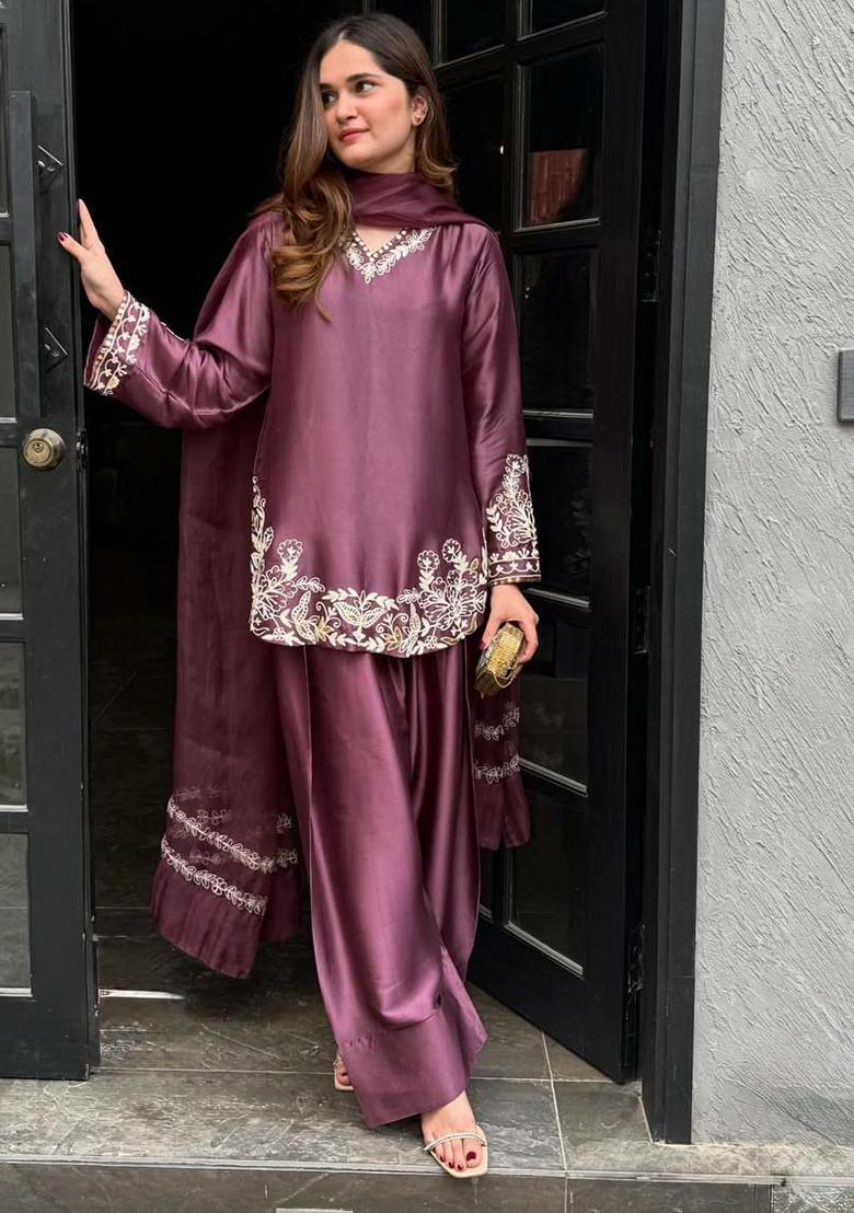 Wine Embroidery Blended Kurta Set - Indya