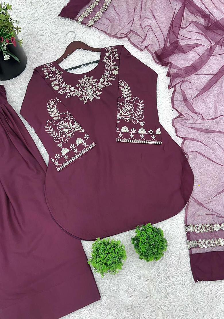 Wine Embroidery Blended Kurta Set - Indya