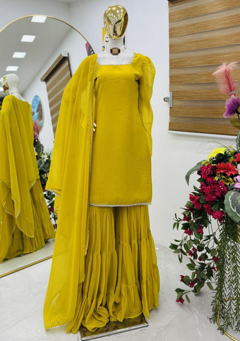 Yellow Solid Blended Kurta Set - Indya