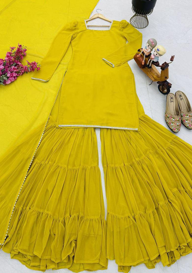 Yellow Solid Blended Kurta Set - Indya