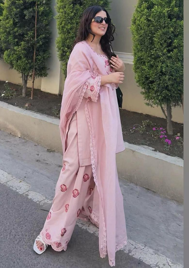 Pink Solid Blended Kurta Set - Indya