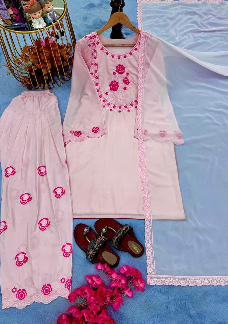 Pink Solid Blended Kurta Set - Indya