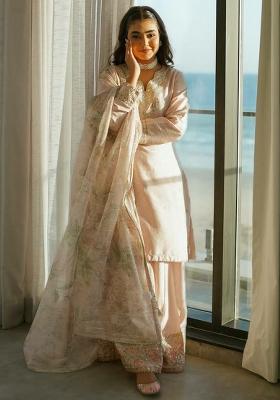 Pink Embroidery Blended Kurta Set