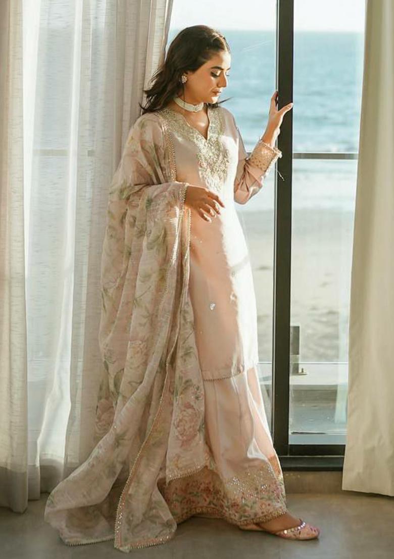 Pink Embroidery Blended Kurta Set - Indya
