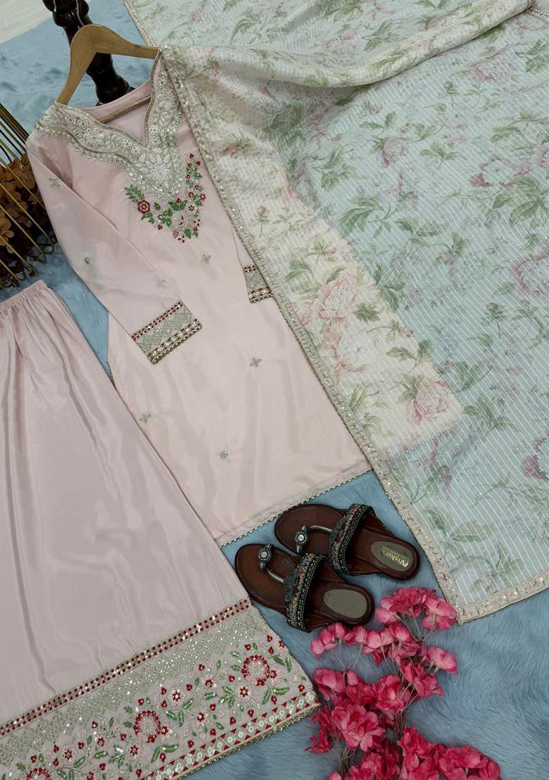 Pink Embroidery Blended Kurta Set - Indya