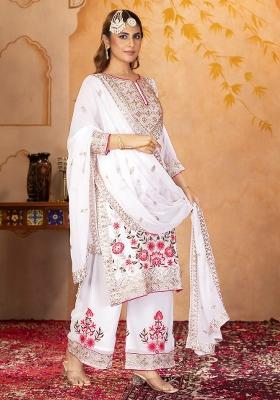 White Embroidery Blended Kurta Set