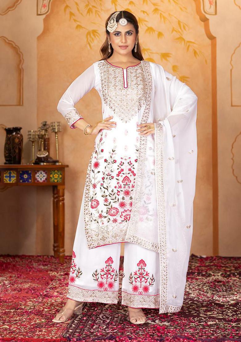 White Embroidery Blended Kurta Set - Indya