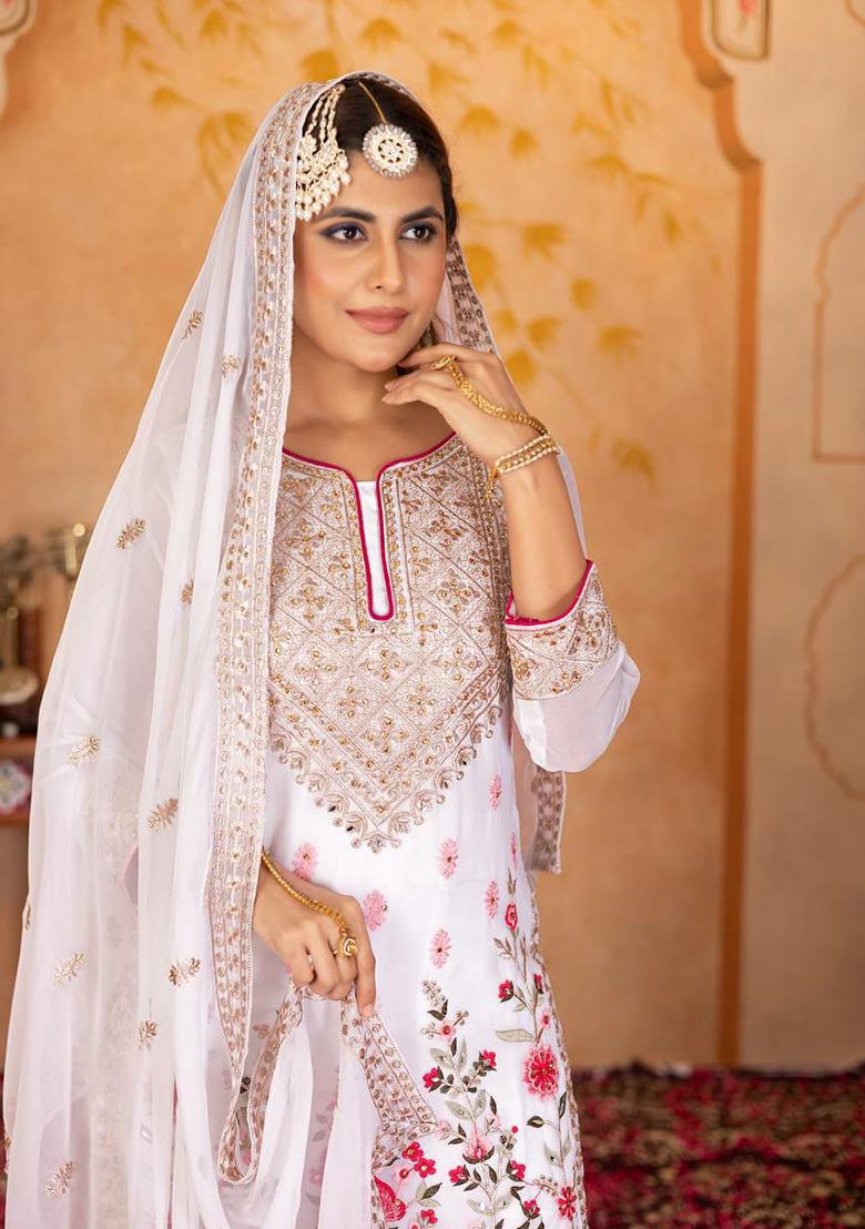 White Embroidery Blended Kurta Set - Indya